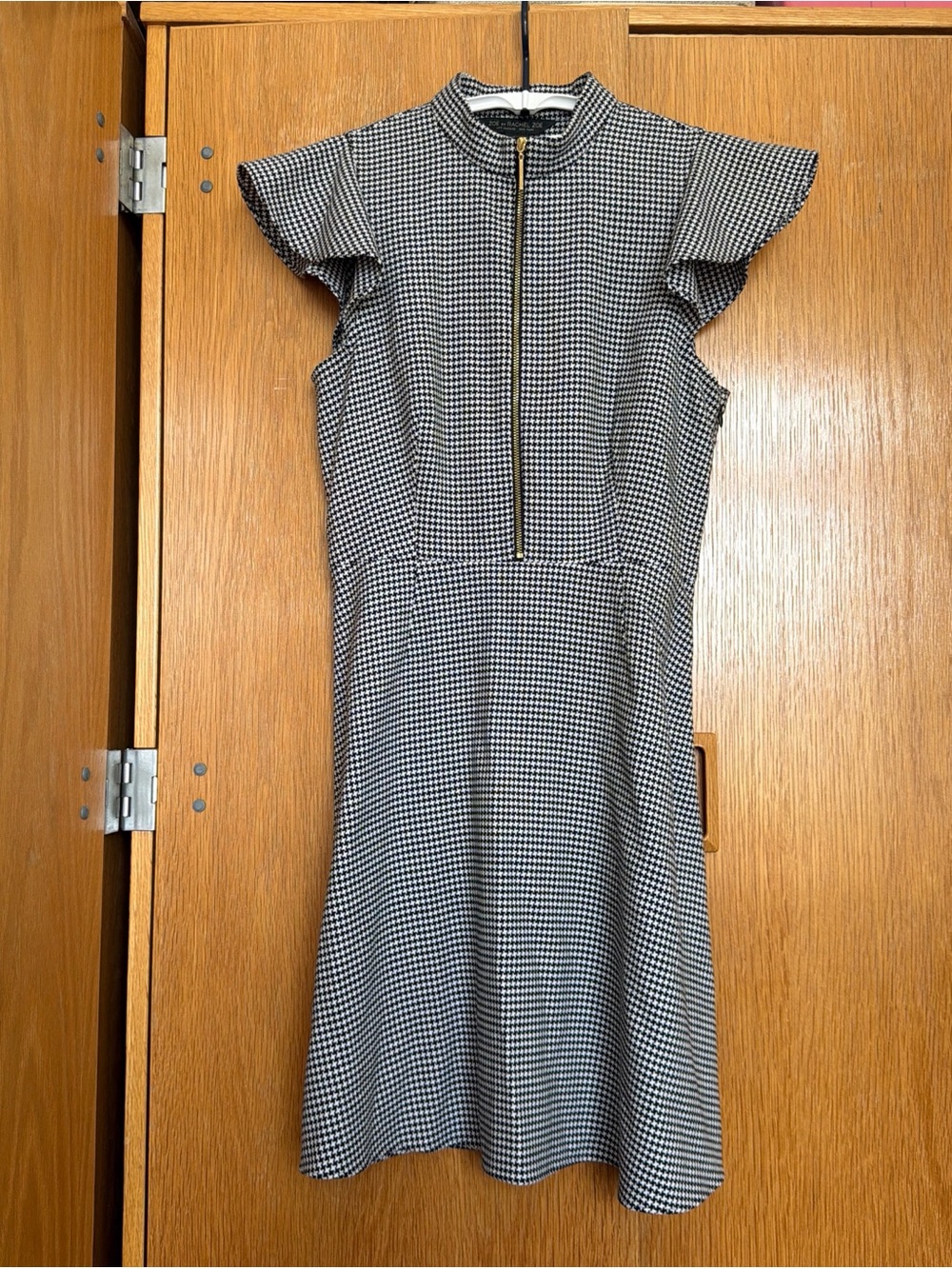 Rachel Zoe Black and White Houndstooth Zip-Front Midi Dress